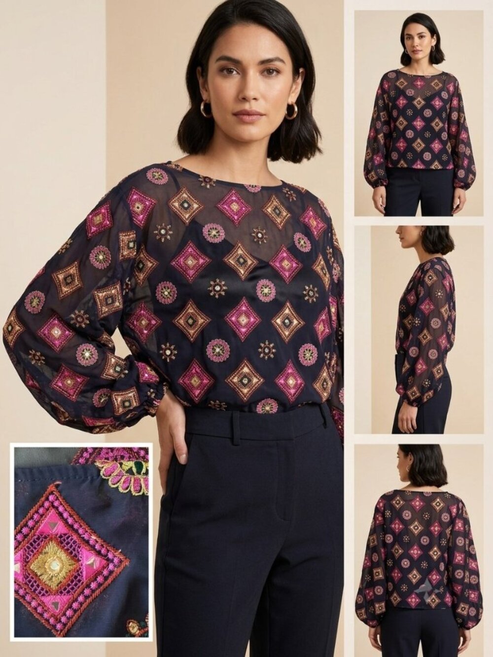 Trina Turk Embroidered Mirror Shisha Balloon Sleeve Boho Sheer Chiffon Navy M